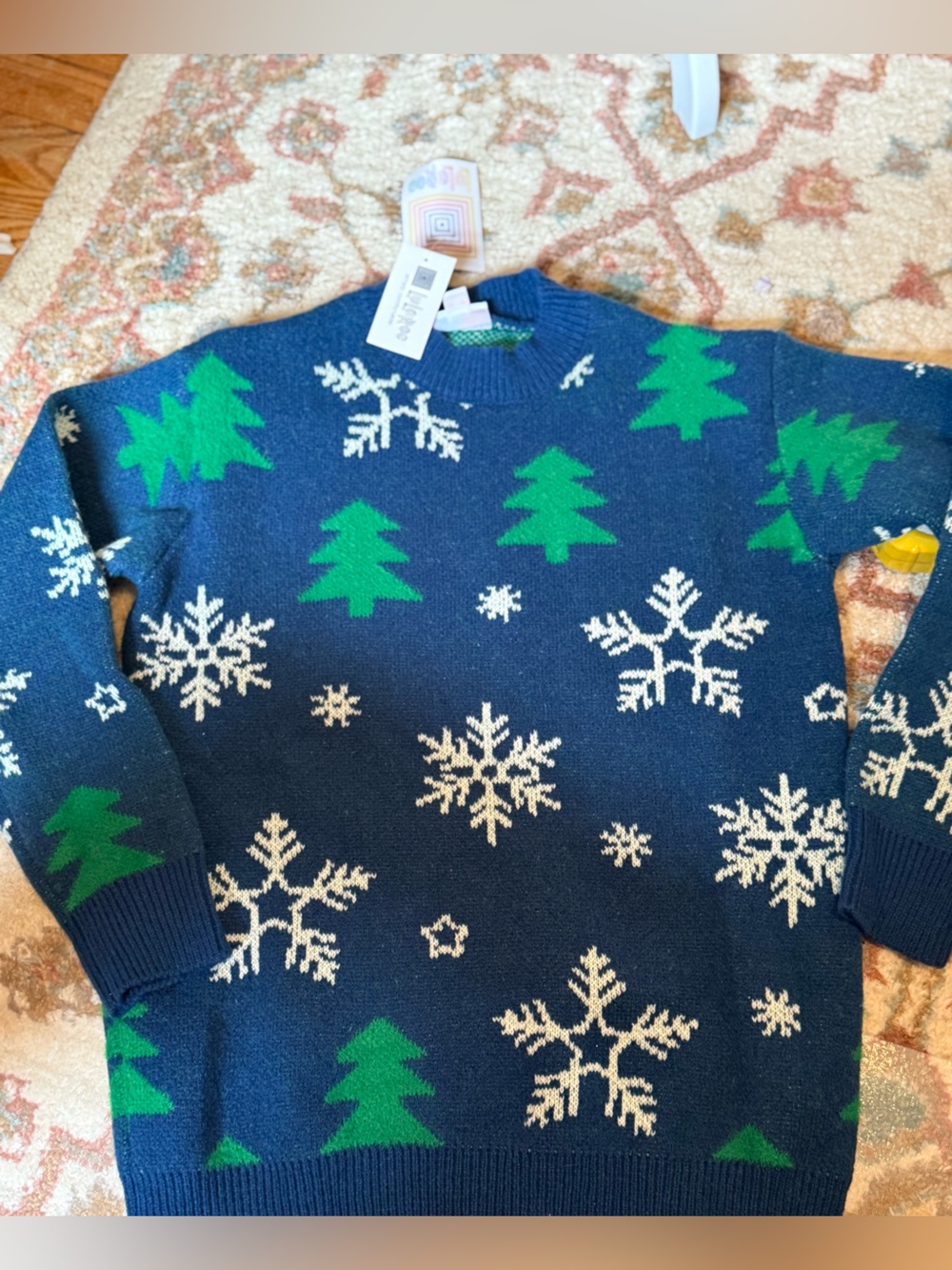 LuLaRoe Navy Sweater with Green Trees and White Snowflakes small nwt xs